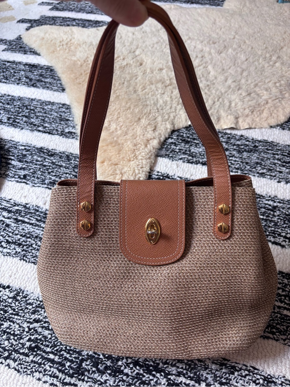 Eric Javits Brown & Tan Straw Shoulder Bag with Gold Hardware